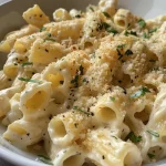 Close-up of creamy cottage cheese pasta sauce with grated parmesan on top.