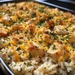 Close-up side view of a creamy Garlic Parmesan Chicken Rice Casserole with a golden-brown top and visible pieces of chicken and herbs.