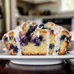 Side view of a golden-brown Lemon Blueberry Yogurt Loaf displaying blueberries on top.