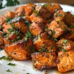Close-up of hot honey salmon bites garnished with parsley.