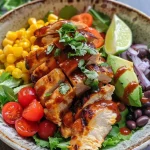 Close-up view of a colorful BBQ Chicken Power Bowl with vibrant ingredients.