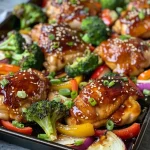 A close-up view of juicy sheet pan honey garlic chicken with vegetables, shot from the side.