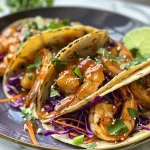 Close-up view of hot honey shrimp tacos topped with purple cabbage slaw and lime.