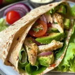 A close-up side view of a healthy chicken avocado wrap on a wooden surface.