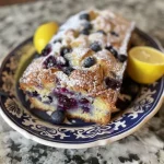Close-up side view of a sliced lemon blueberry loaf cake topped with a drizzle of icing.