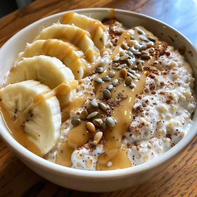 Spoonfuls of Joy Your Perfect Peanut Butter Banana Cottage Cheese Bowl Close-up view of a creamy peanut butter banana cottage cheese bowl with sliced bananas on top.