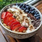 Close-up view of a roasted strawberry yogurt bowl topped with chocolate granola and blueberries.