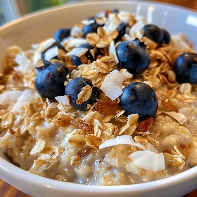 Start Your Day Right A Delightful Coconut Blueberry Oatmeal Recipe Close-up view of creamy coconut blueberry oatmeal in a bowl.