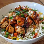 Close-up of Honey BBQ Chicken over a bed of fluffy rice with colorful mixed vegetables.
