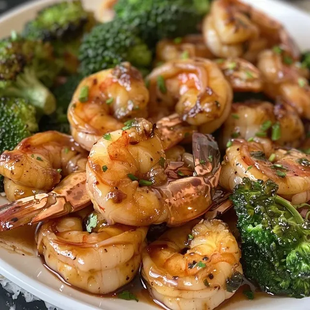 Close-up view of honey garlic shrimp and broccoli on a sheet pan.