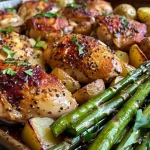 Close-up view of roasted chicken with asparagus and baby red potatoes on a sheet pan.