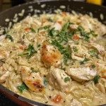Close-up of a bowl of Lemon Chicken Orzo featuring chicken, orzo pasta, and vibrant greens.