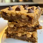 Side view of golden brown chickpea chocolate chip blondie bars on a wooden surface.