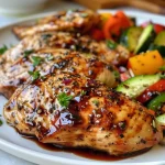Juicy balsamic glazed chicken breast with colorful bell peppers and zucchini on a sheet pan.