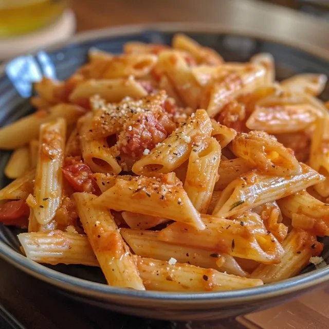 Side view of a delicious pasta dish featuring a high-protein sauce made with cottage cheese and tomatoes.
