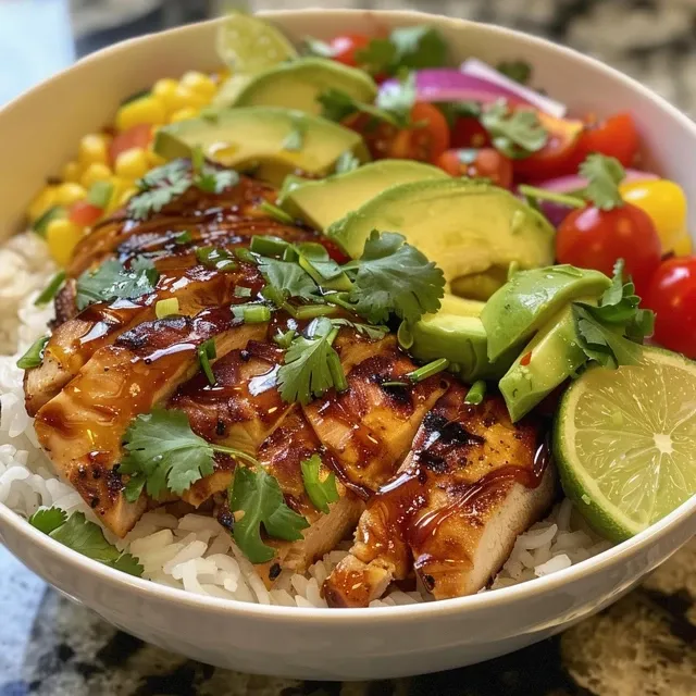 Side view of a bowl filled with seasoned chicken, rice, and fresh vegetables.