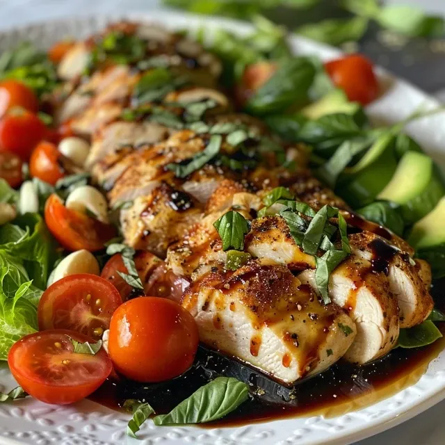 Side view of a colorful Chicken-Avocado Caprese Salad with mozzarella and fresh basil.