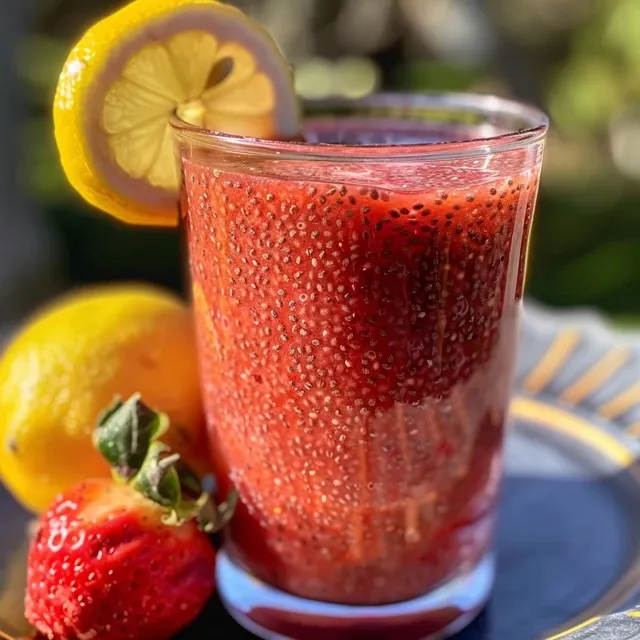 Side view of a vibrant pink Strawberry Chia Lemonade in a glass, garnished with fresh strawberries.