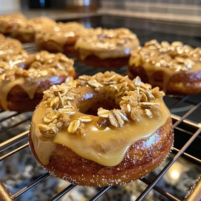 Side angle of moist baked banana doughnuts arranged on a plate.
