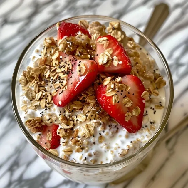 Close-up of creamy protein overnight oats featuring chocolate and strawberries in a clear glass bowl.