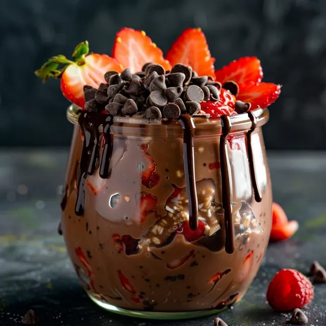 Side view of a bowl filled with chocolate covered strawberry protein overnight oats, showcasing the ingredients.