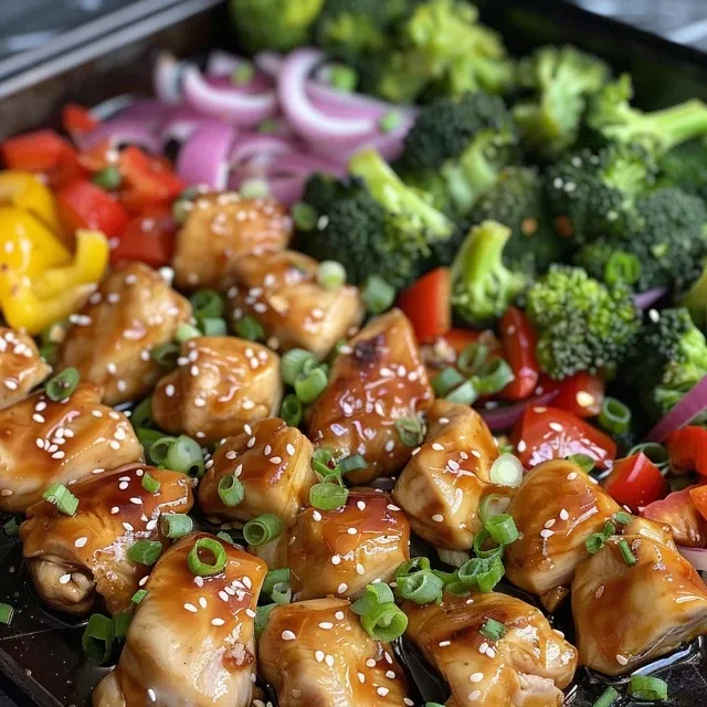 Side view of seasoned chicken pieces and colorful vegetables on a baking sheet, glistening with sauce.