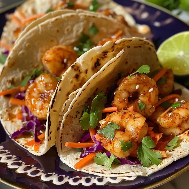 Juicy shrimp tacos with colorful purple cabbage and lime wedges on a plate.