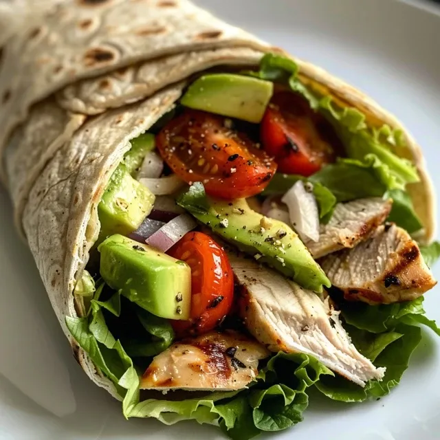 Juicy chicken avocado wrap filled with fresh ingredients, showcased in a side view.