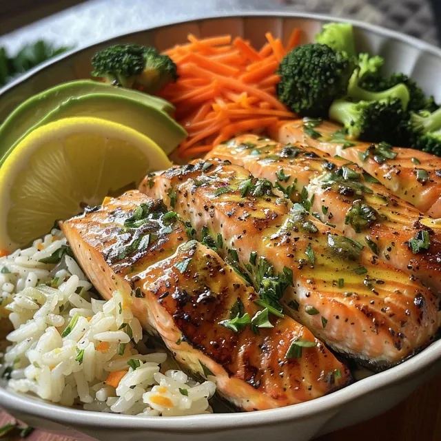 A side view of a rice bowl filled with lemon herb salmon, broccoli, carrots, and avocado slices.