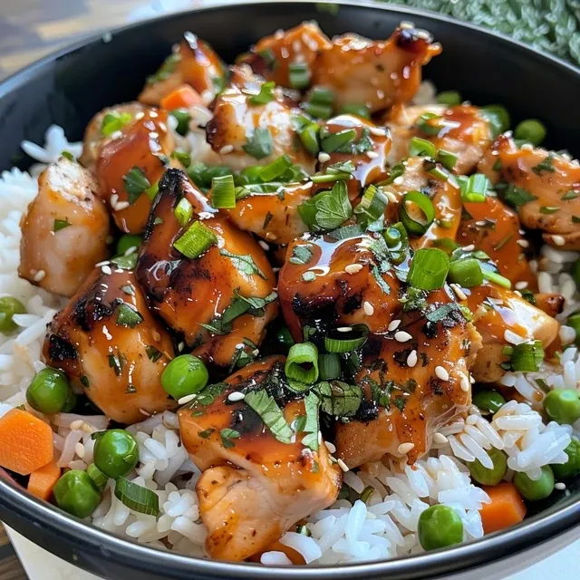 A side view of a dish featuring honey BBQ chicken pieces, rice, and vibrant vegetables.