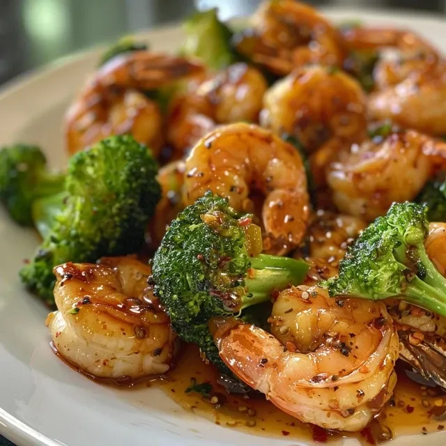 Juicy shrimp and vibrant broccoli florets glistening with honey garlic sauce.