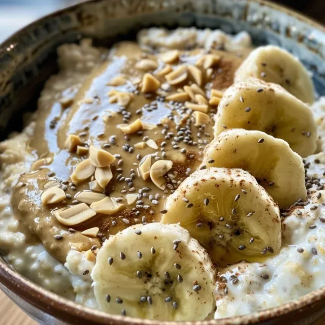 Side view of a bowl filled with cottage cheese, banana slices, and creamy peanut butter.