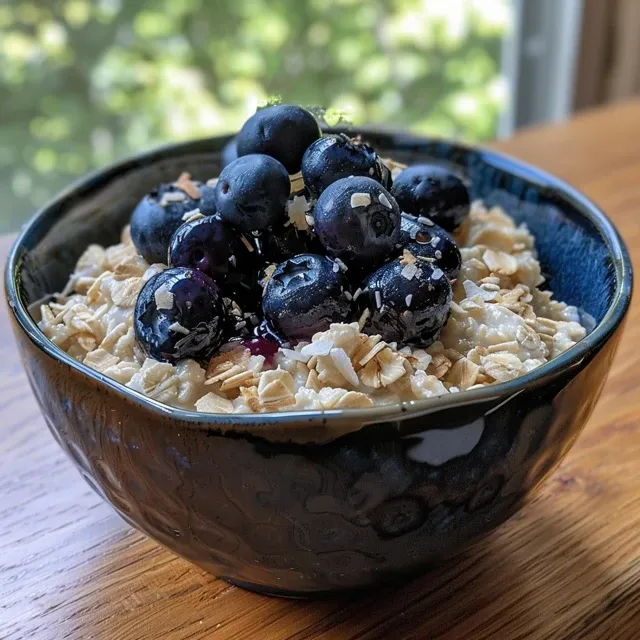 Side view of a bowl filled with coconut blueberry oatmeal topped with fresh blueberries.