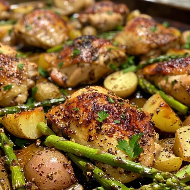Juicy balsamic and honey glazed chicken alongside vibrant green asparagus and golden potatoes.