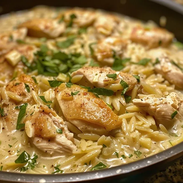 Side view of a delicious Lemon Chicken Orzo dish with fresh parsley garnish and lemon zest.