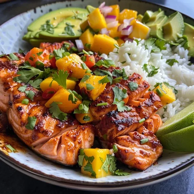 Side view of a colorful BBQ salmon bowl with diced mango and avocado.