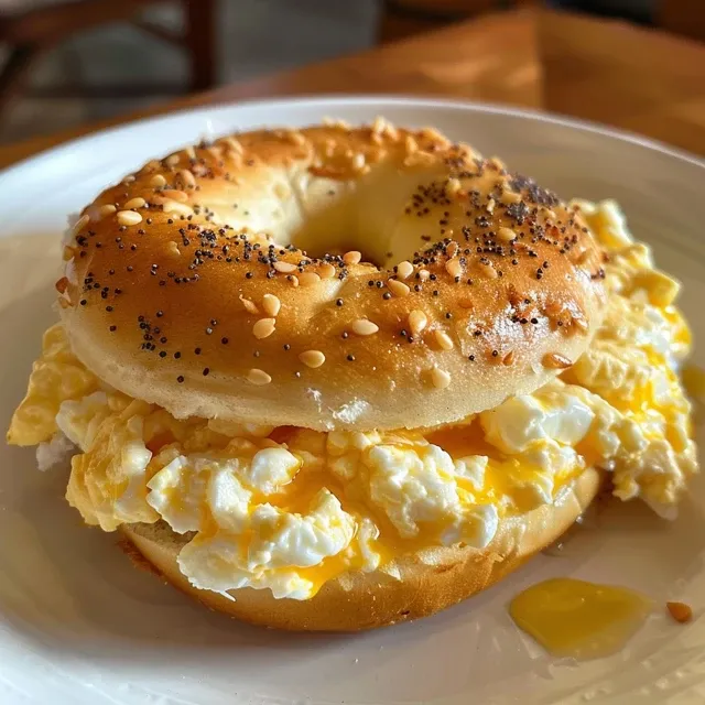 Close-up of a sliced bagel filled with eggs, cheese, and cottage cheese.