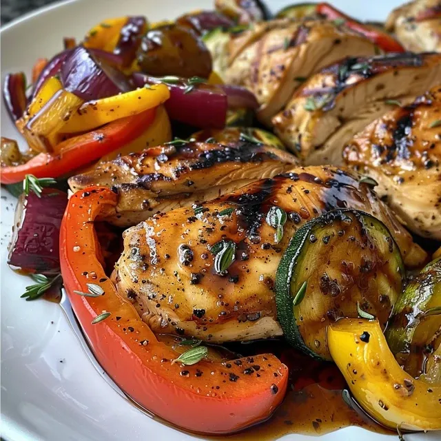 Close-up view of tender chicken and roasted vegetables drizzled with balsamic glaze.