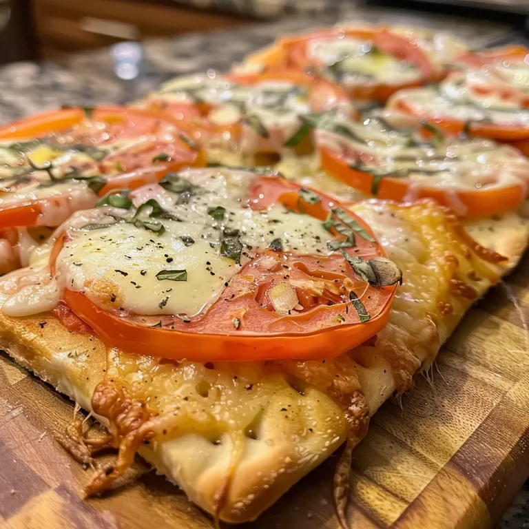 Pizza Perfection in 15 Minutes: Your New Go-To Flatbread Recipe Close-up of a Margherita flatbread pizza topped with fresh basil, tomatoes, and mozzarella cheese.