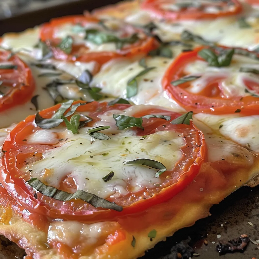 Side view of a delicious flatbread pizza with melted cheese and vibrant tomato slices.
