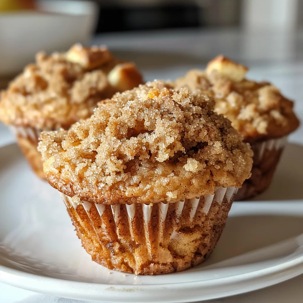 Side angle of warm, delicious apple cinnamon muffins topped with cinnamon sugar.