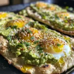 Close-up side view of a flatbread topped with avocado and a sunny-side-up egg, garnished with herbs.