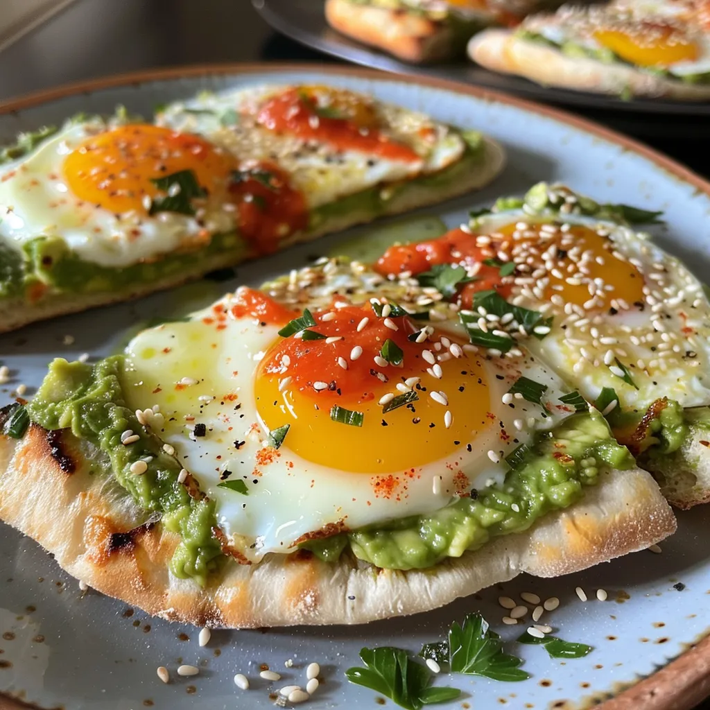 A side view of flatbreads spread with creamy avocado and a perfectly cracked egg, adorned with sesame seeds.
