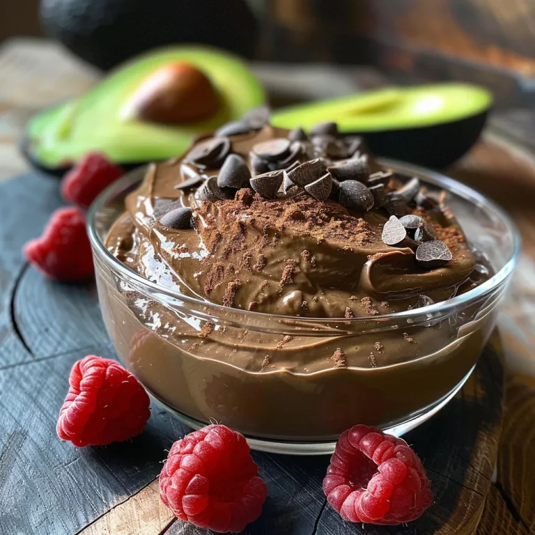 Close-up of a creamy avocado chocolate mousse in a glass bowl with a rich, dark color.