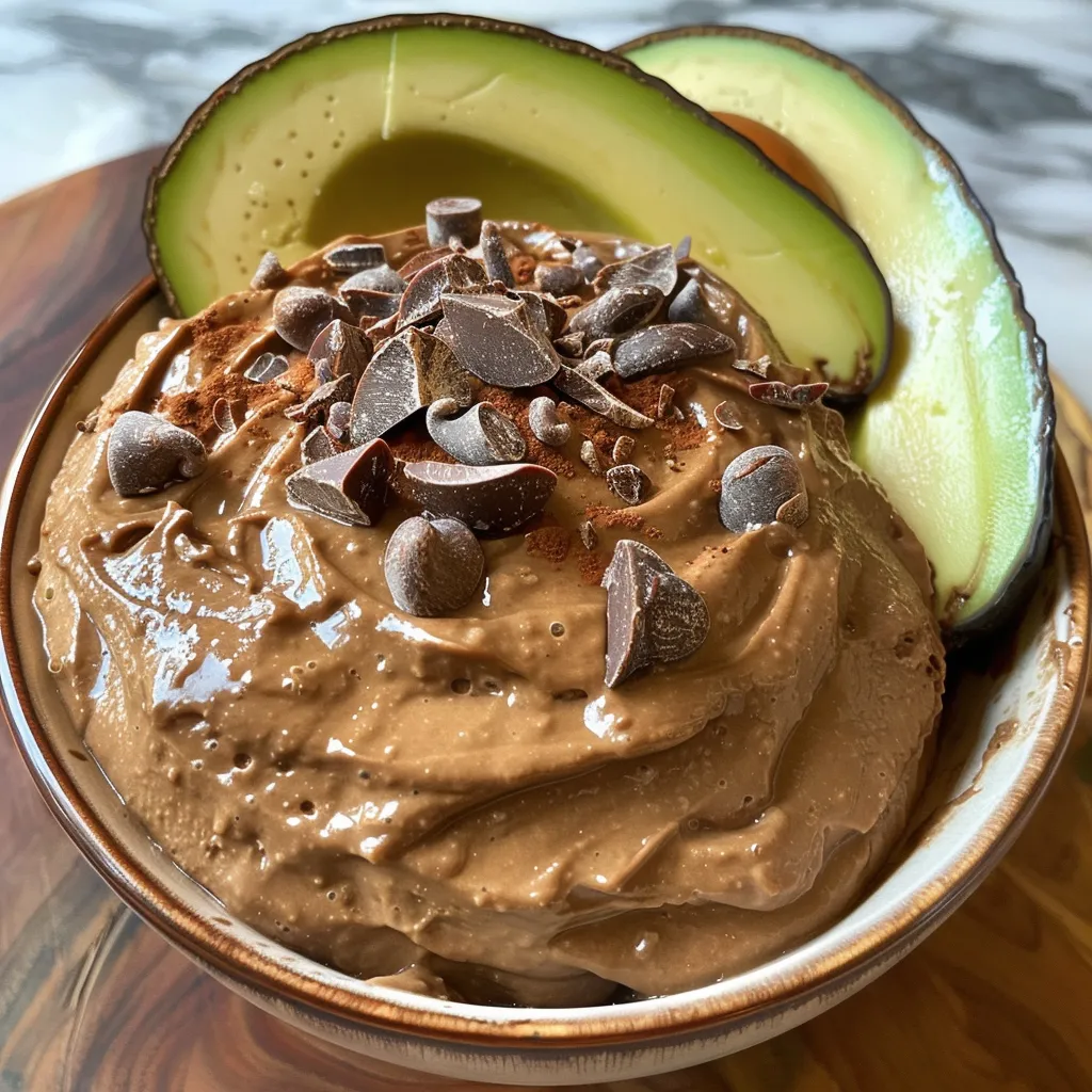 Side view of a smooth avocado chocolate mousse topped with a sprinkle of cocoa powder.