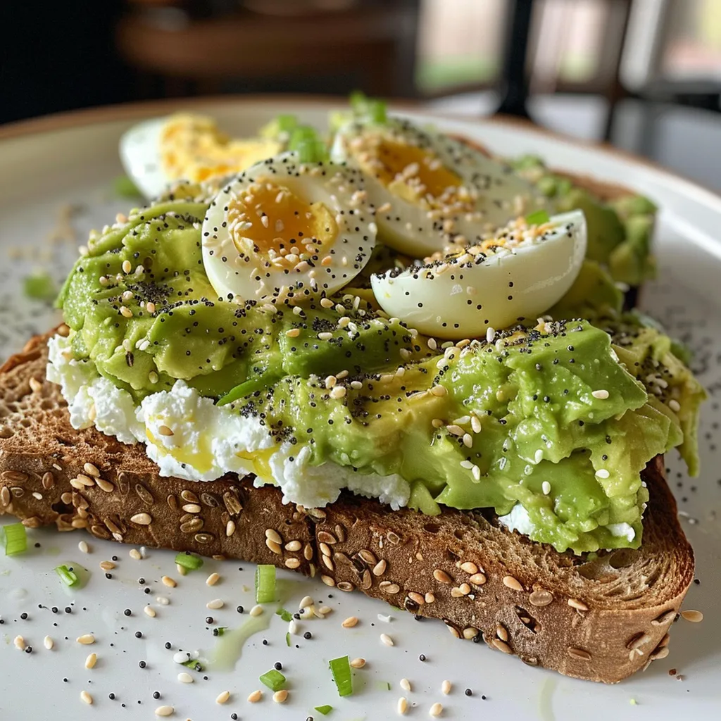 Side angle of a colorful breakfast toast featuring avocado and cottage cheese.