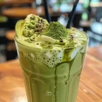 Close-up of a glass of avocado matcha milk tea with a vibrant green hue.