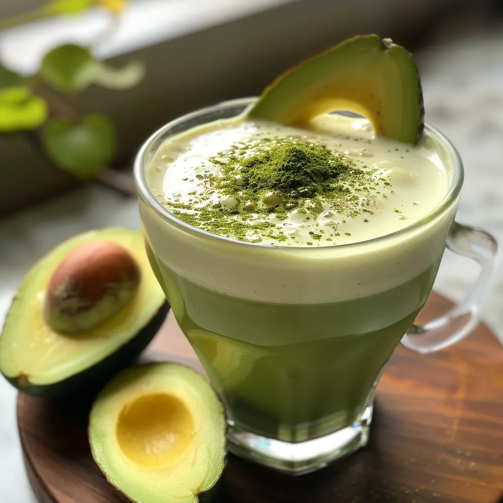Side view of creamy avocado matcha milk tea, showcasing its rich texture.