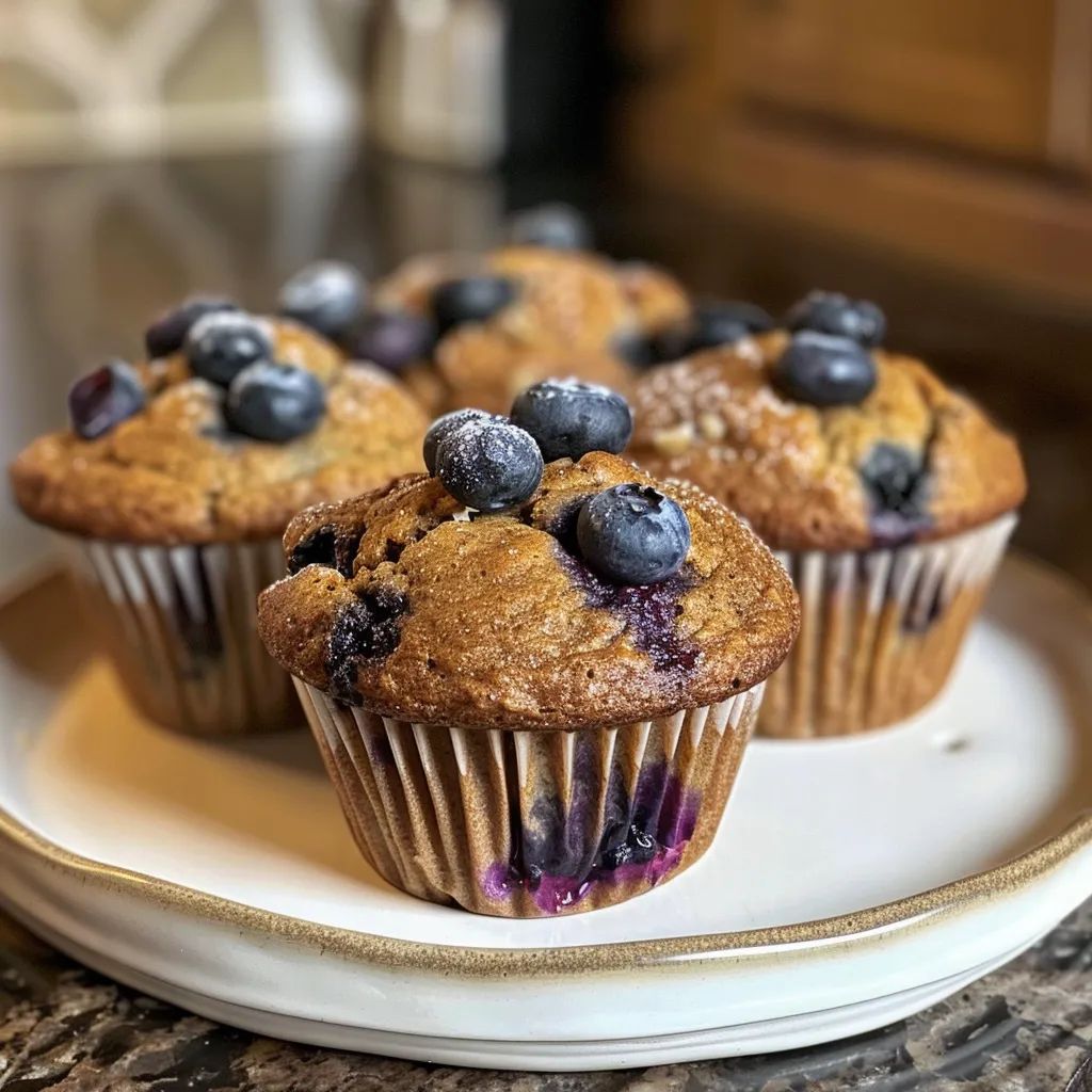 Juicy banana and blueberry mini muffins displayed on a wooden surface.