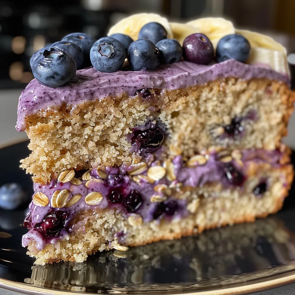 Side angle of a moist banana-blueberry oat cake topped with fresh fruit.